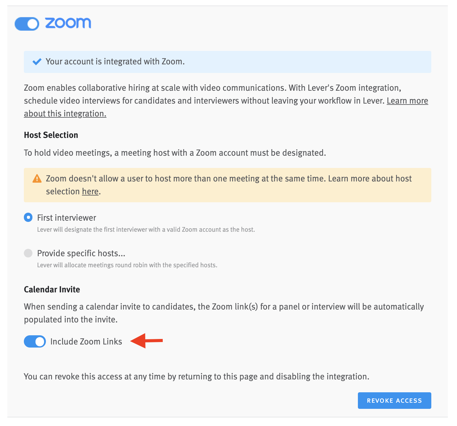Active Zoom integration toggle with tile expanded to reveal Calendar Invite option with arrow pointing to active Include Zoom links toggle.