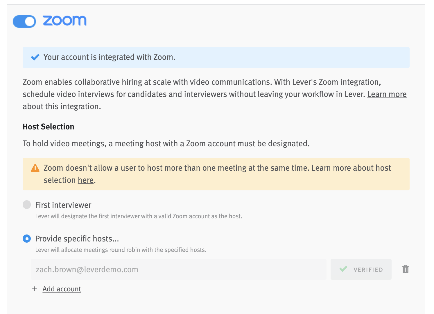 Active Zoom integration toggle with tile expanded to reveal host selection options. Provide specific hosts option is selected.