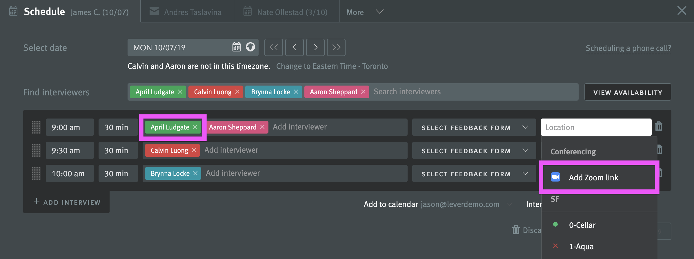 Scheduling window with first interview and corresponding option to add Zoom link circled.