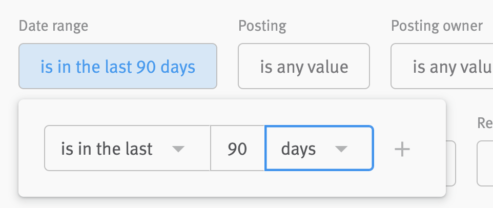 Close-up of date range filter with is in last 90 days filled in operator and attribute fields.
