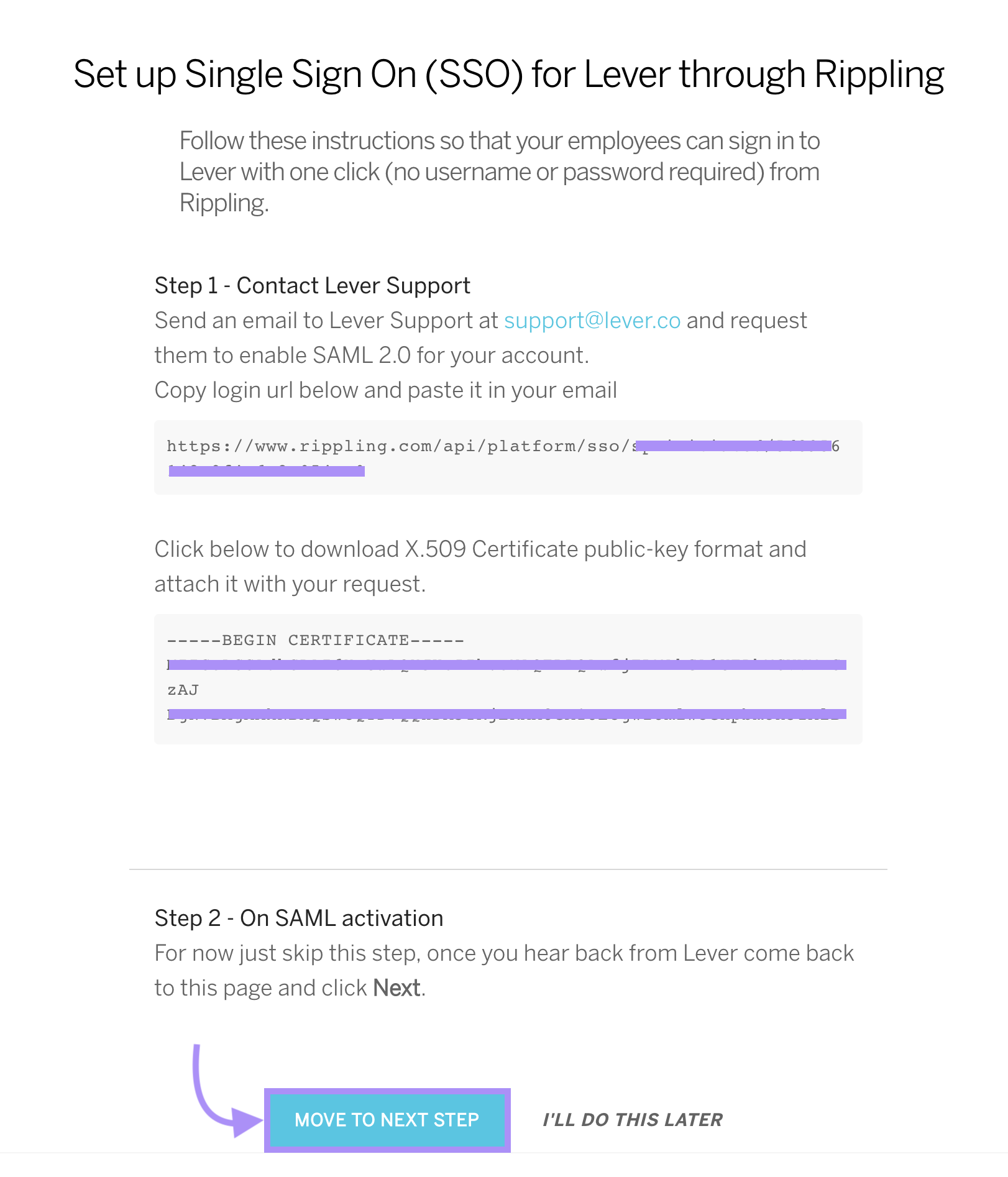 Lever and rippling SSO setup window