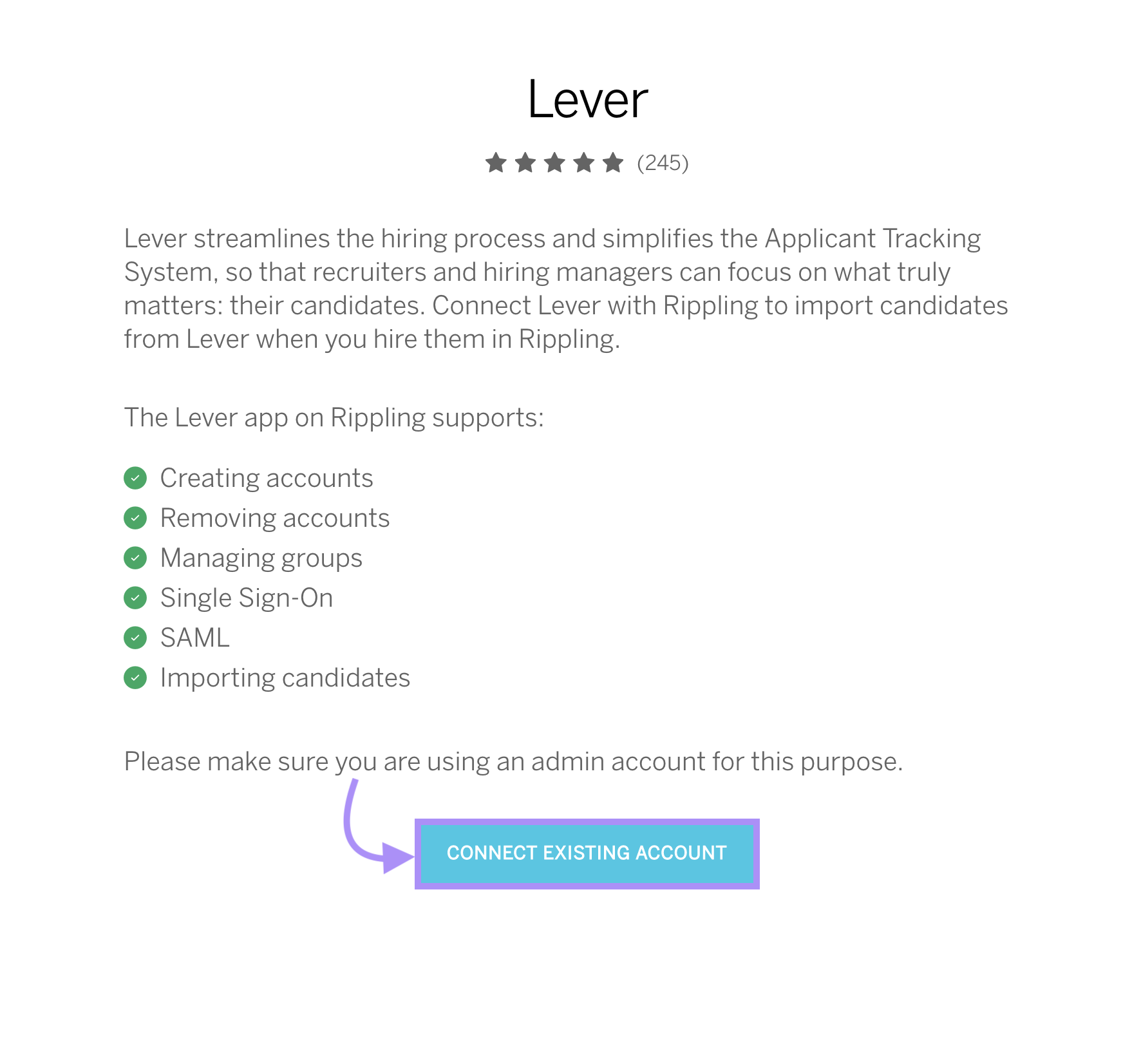 Rippling app director showing Lever with arrow pointing to connect existing account button