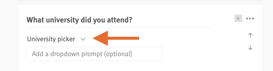 Education question editor with arrow pointing to university picker