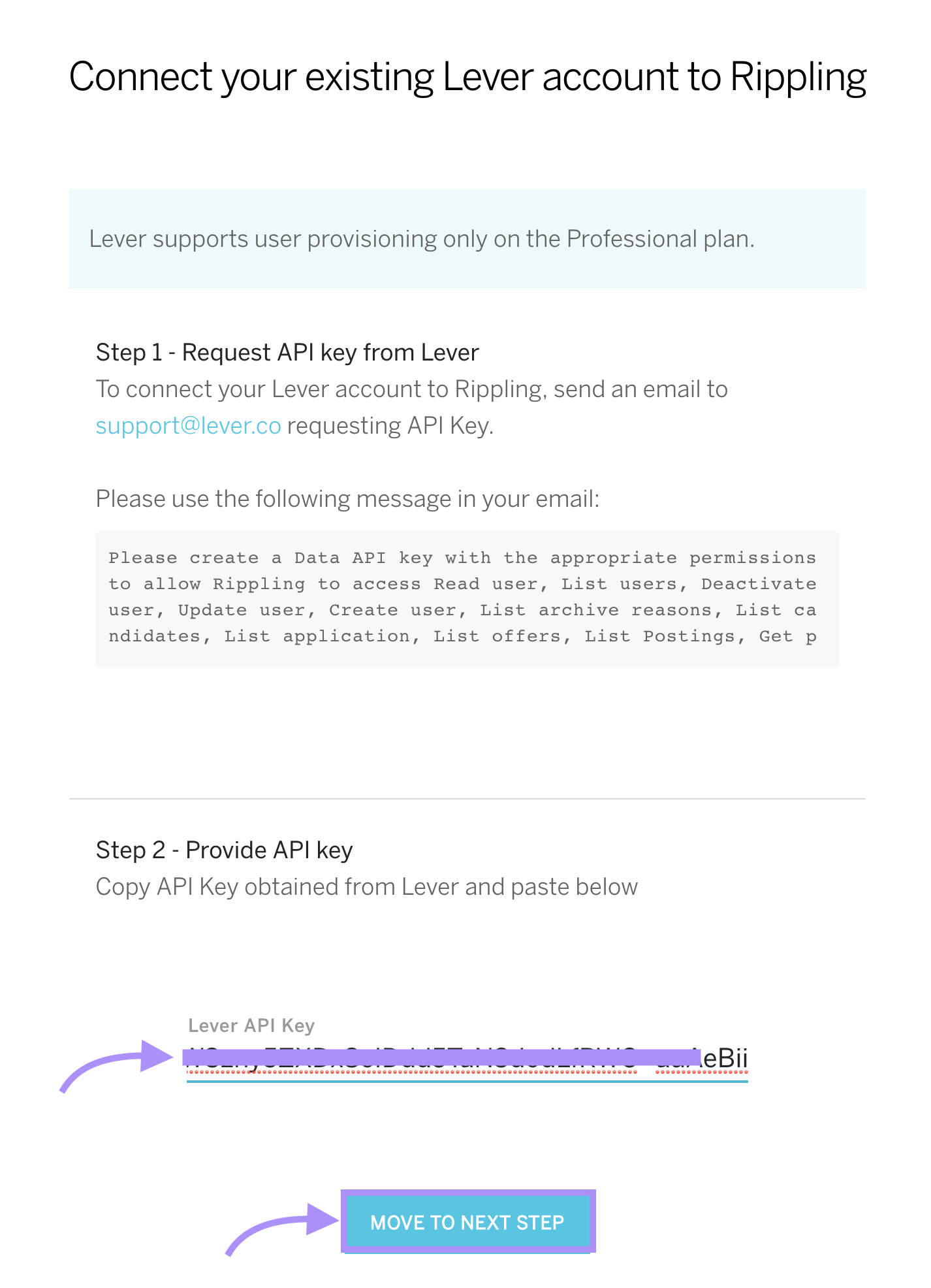 Rippling setup window with options to set up automatically adding employees, consultants, and employees to Lever