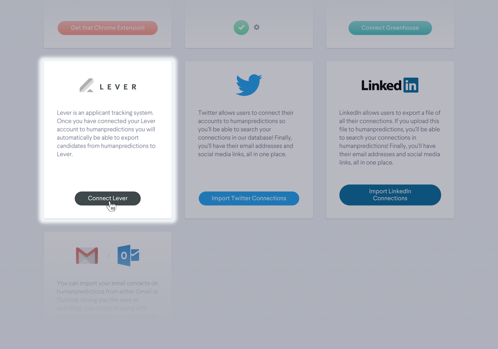 Humanpredictions platform highlighting lever in integrations page