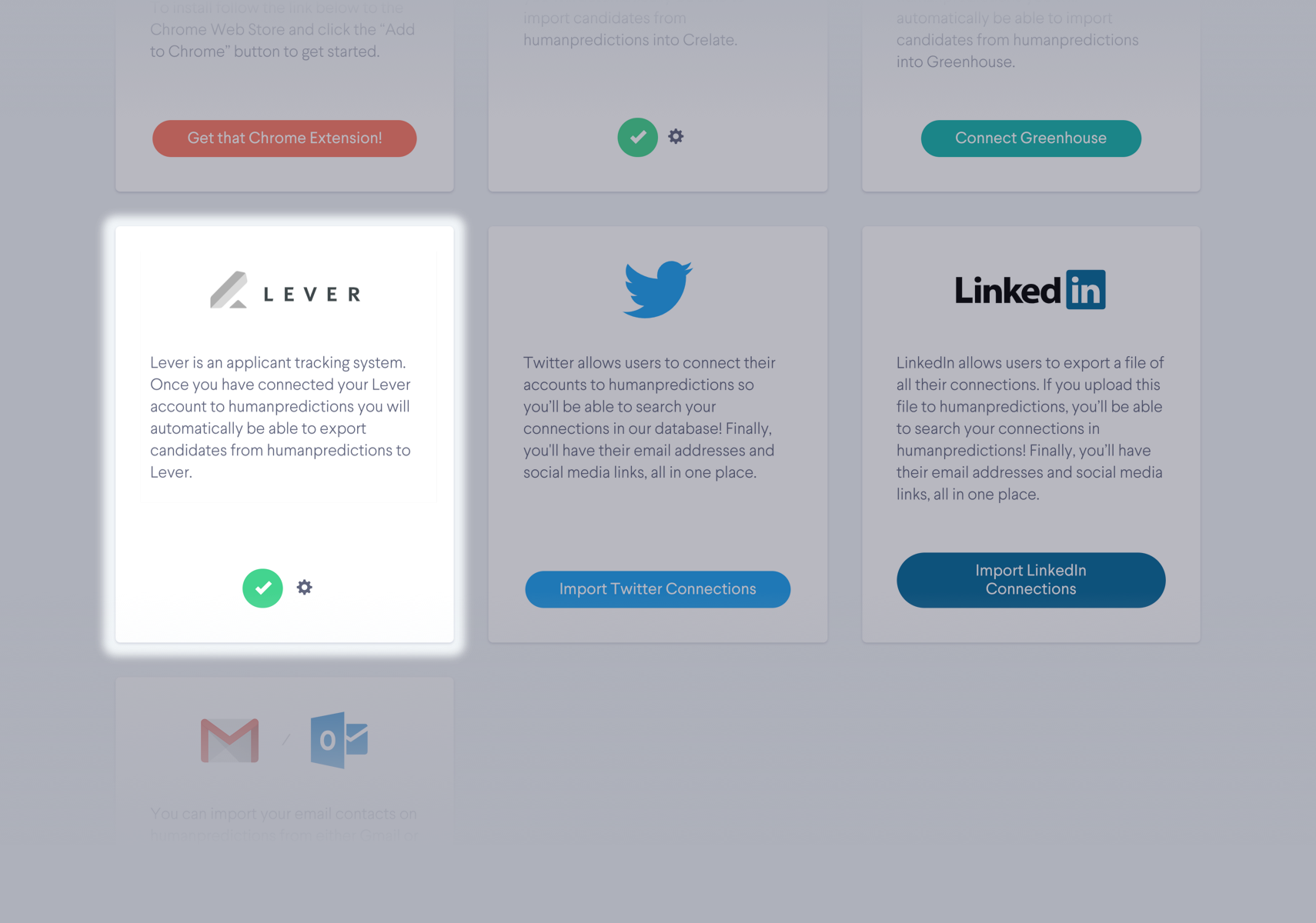 Humanpredictions platform showing lever highlighted in integrations page