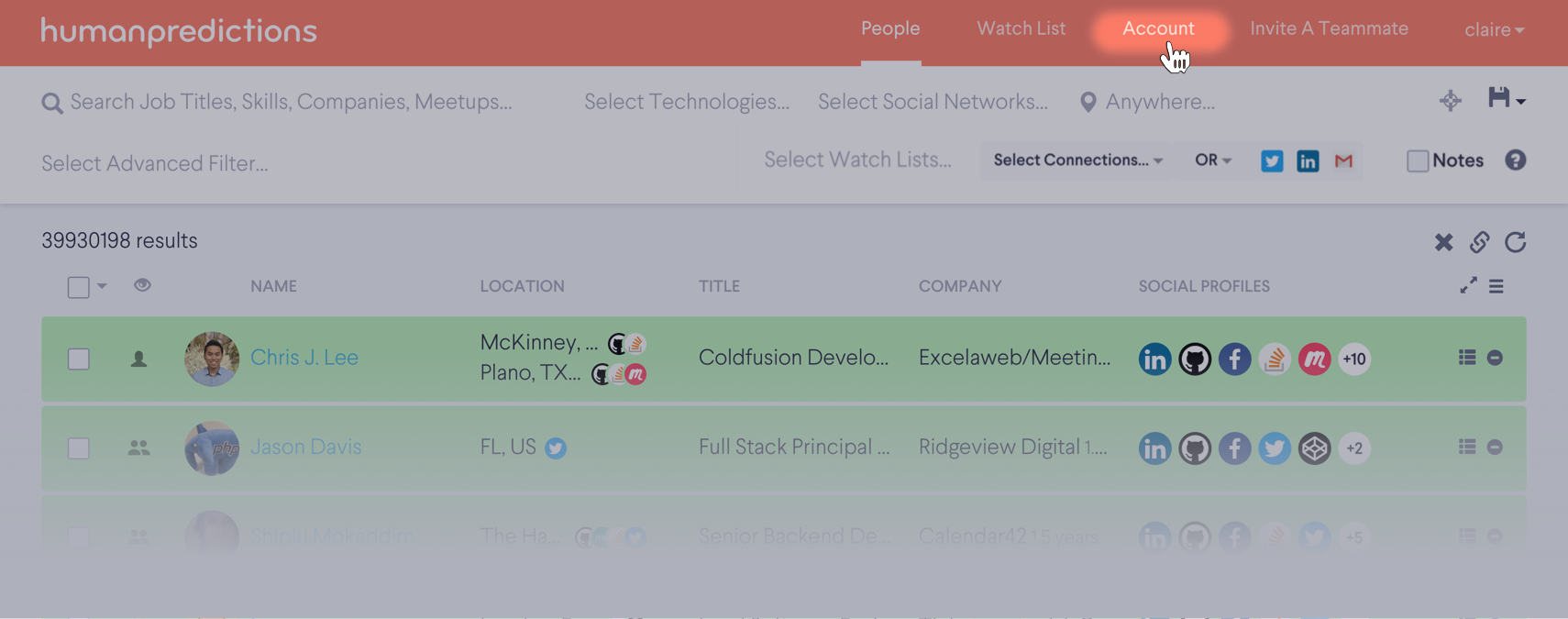 Humanpredictions platform with account tab highlighted