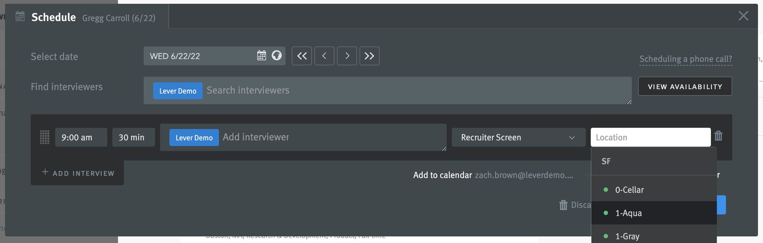 Interview scheduling modal in Lever with conference room option highlighted in location menu.