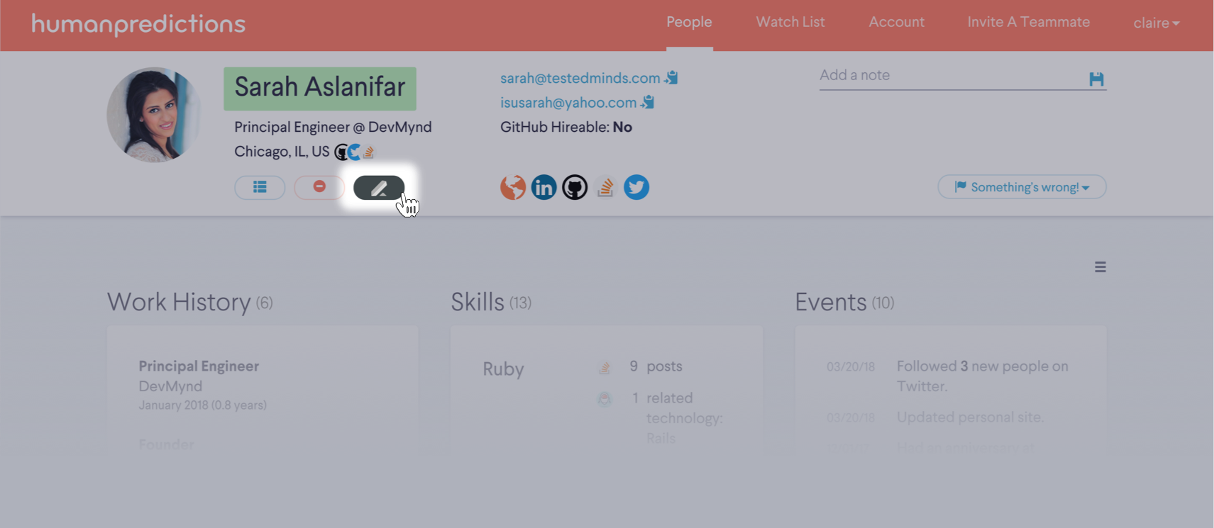 Humanpredictions platform showing candidate profile with lever button highlighted