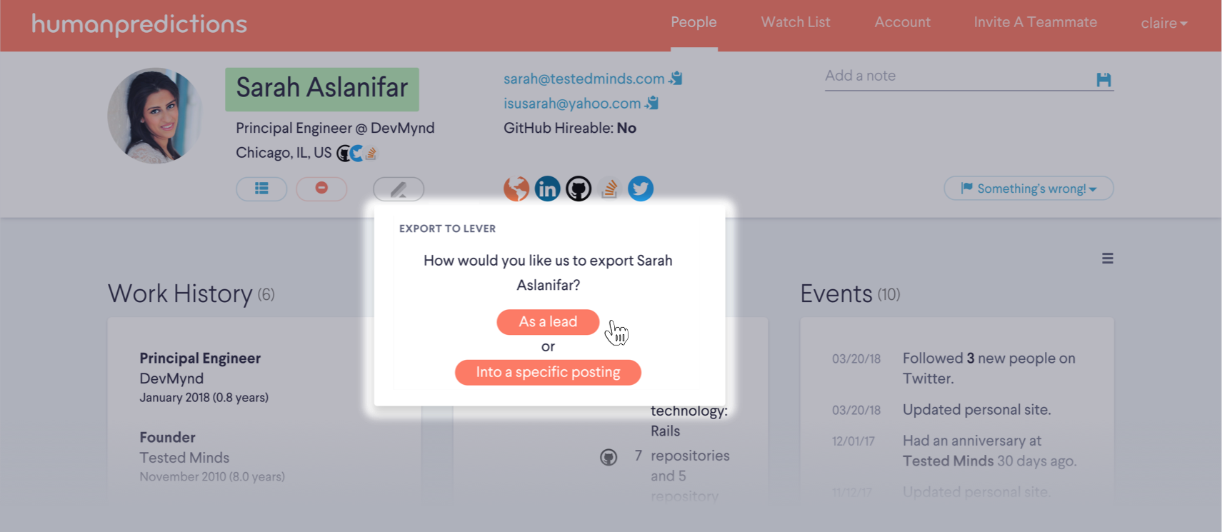 Humanpredictions platform showing export to Lever modal