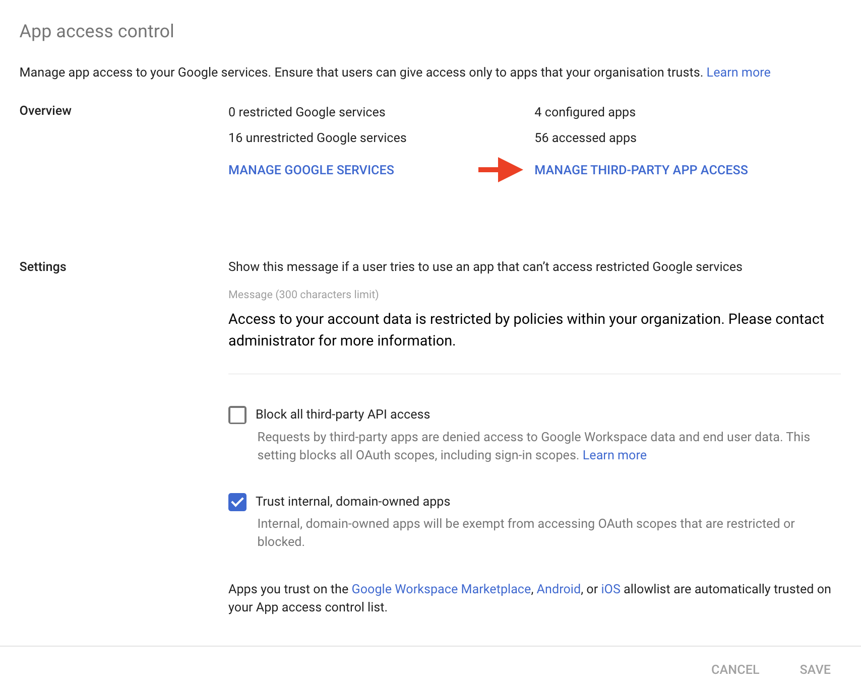 App access control tile with arrow pointing to Manage Third-Party App Access link.