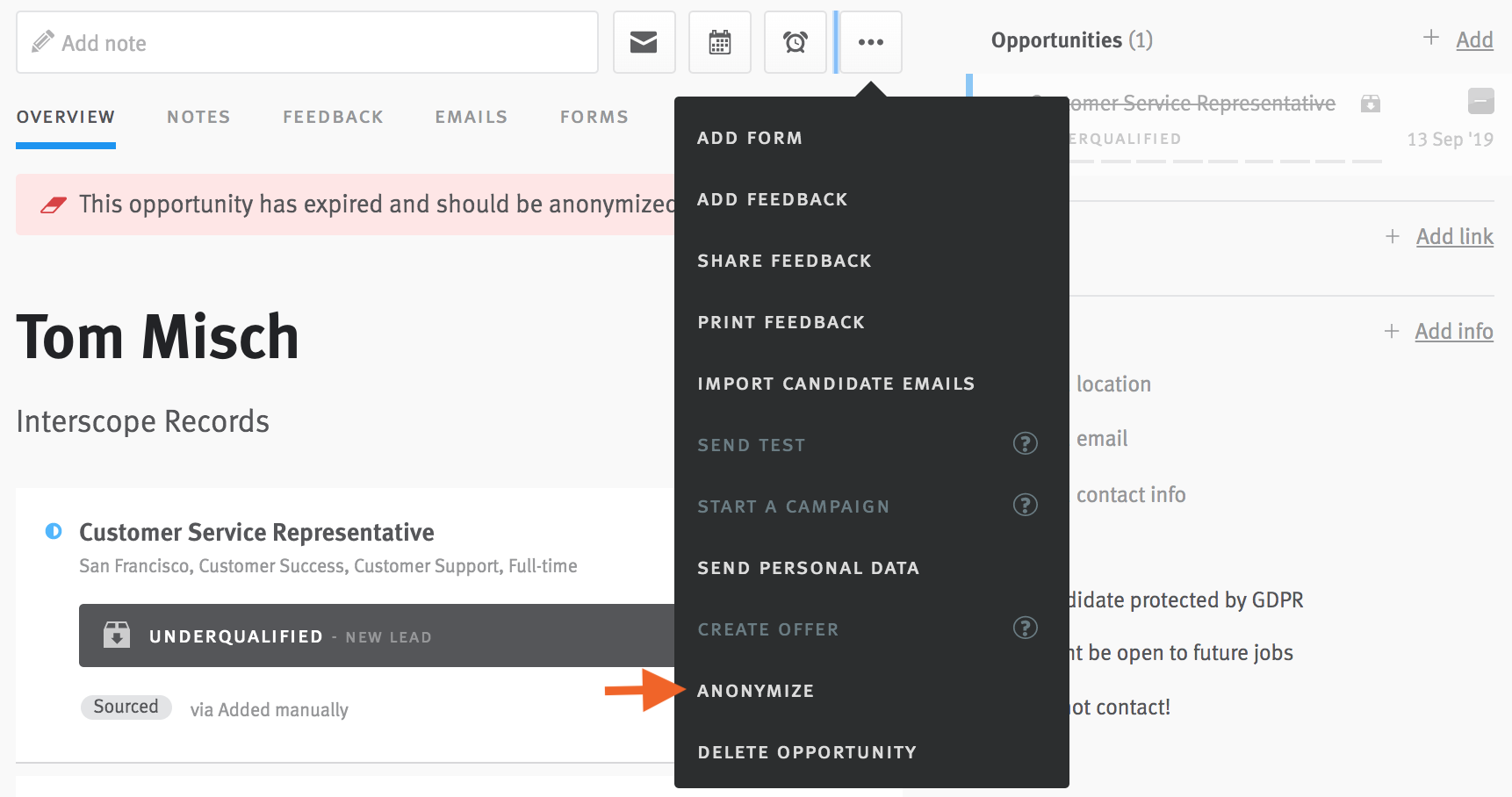 Menu expanded from ellipses button on archived profile with arrow pointing to Anonymize option.
