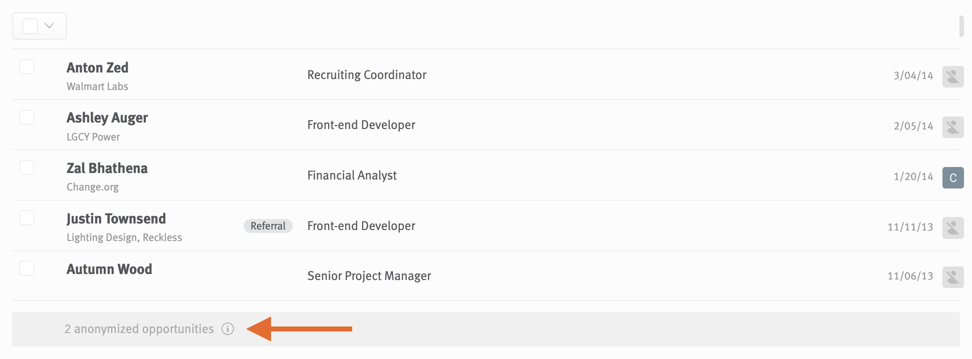 Arrow pointing to entry for anonymized opportunities in opportunities list.