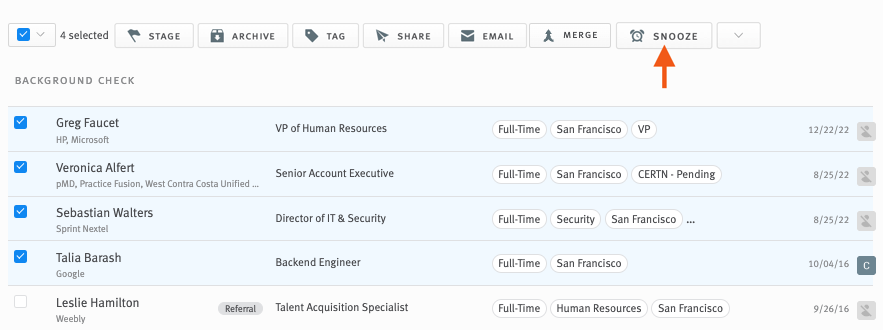 Multiple opportunities selected in Lever pipeline with arrow pointing to Snooze button in bulk action toolbar.
