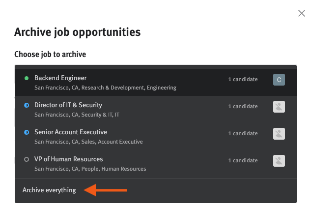 Postings menu expanded in Archive opportunities modal; arrow points to archive everything option at the bottom of the menu