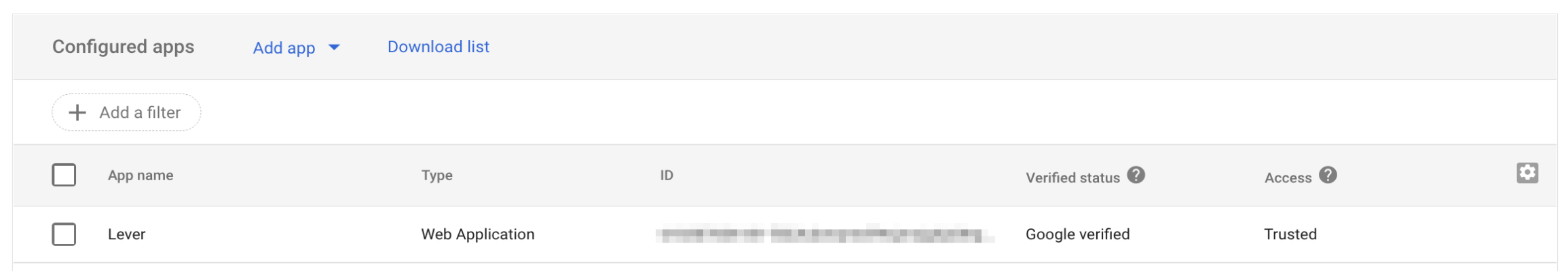 Close up of Configured apps table in which Lever is now listed as a verified and trusted app