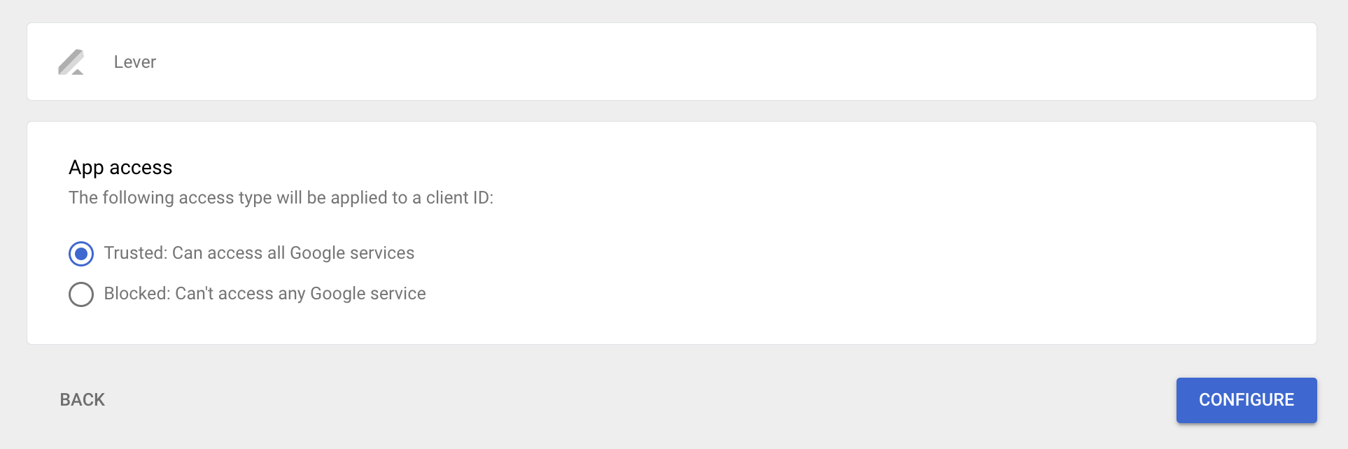 App access tile with Trusted option selected