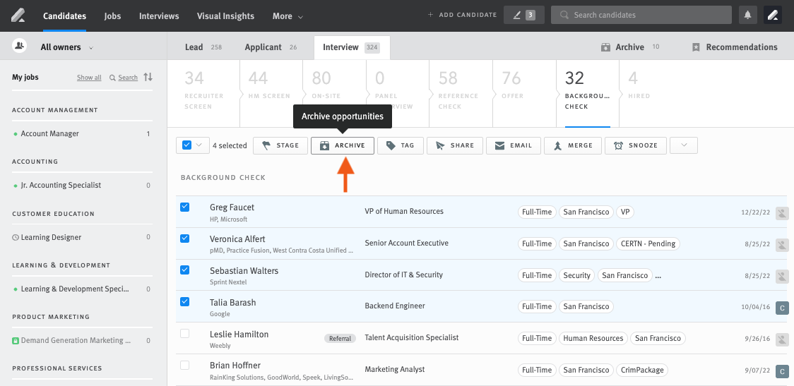 Multiple opportunities selected in Lever pipeline with arrow pointing to Archive button in bulk action toolbar.