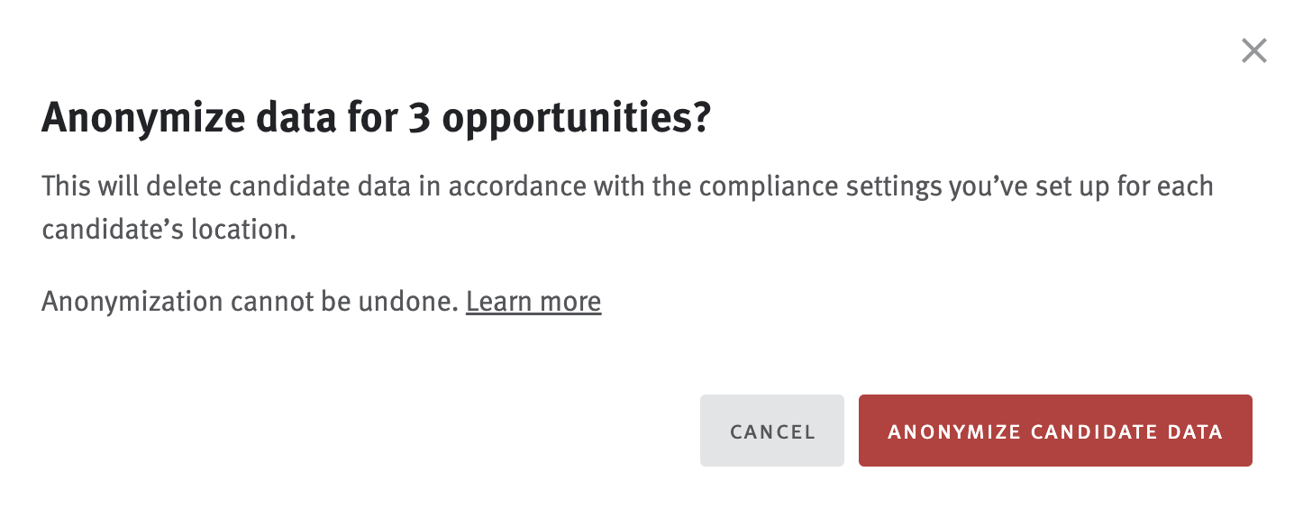 Anonymization confirmation modal with Anonymize candidate data button.