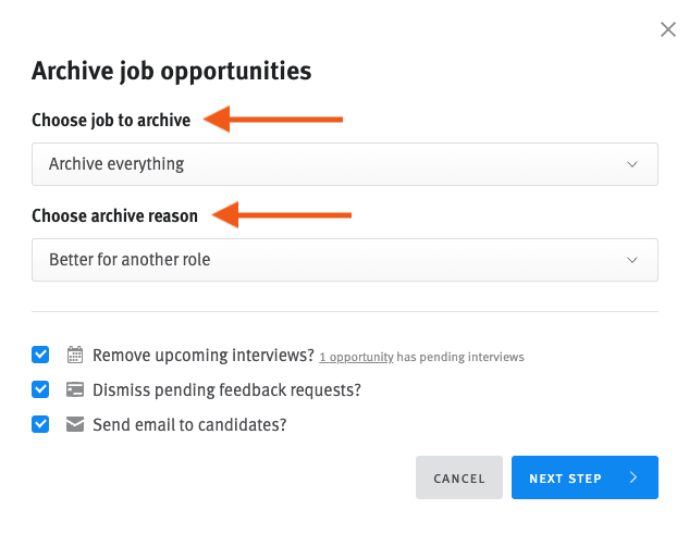 Archive opportunities modal with arrows pointing to posting and archive reason menus