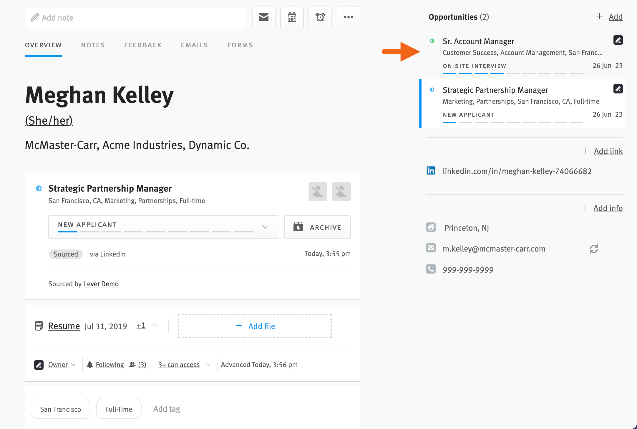 Candidate profile with arrow pointing to one of two opportunities listed in upper-right.