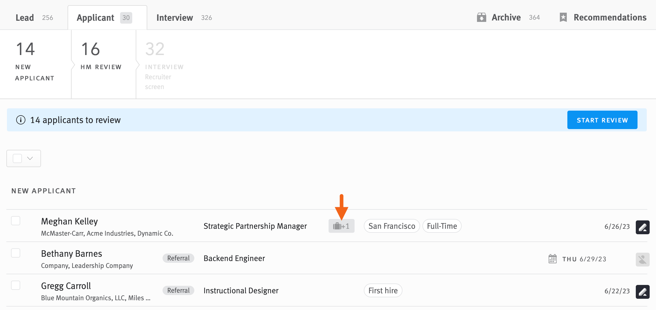 Opportunity highlighted in opportunity list of Applicant section, with arrow pointing to suitcase icon.