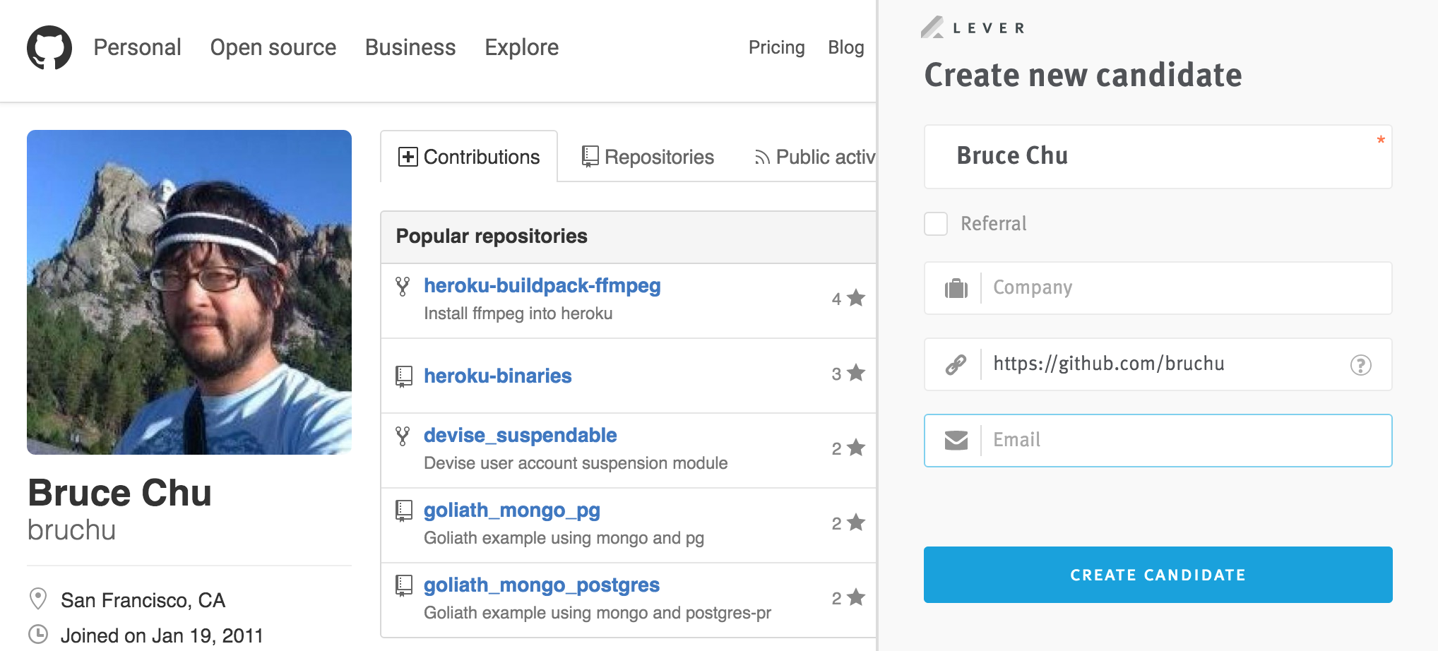 Lever Chrome extension expanded on a GitHub profile.