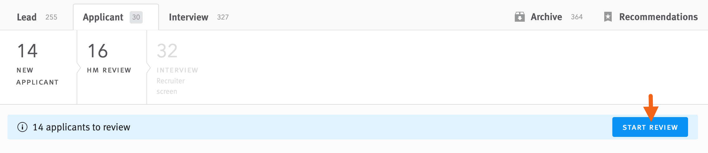 Arrow pointing to Start Review button in banner above opportunity list in New Applicant stage.