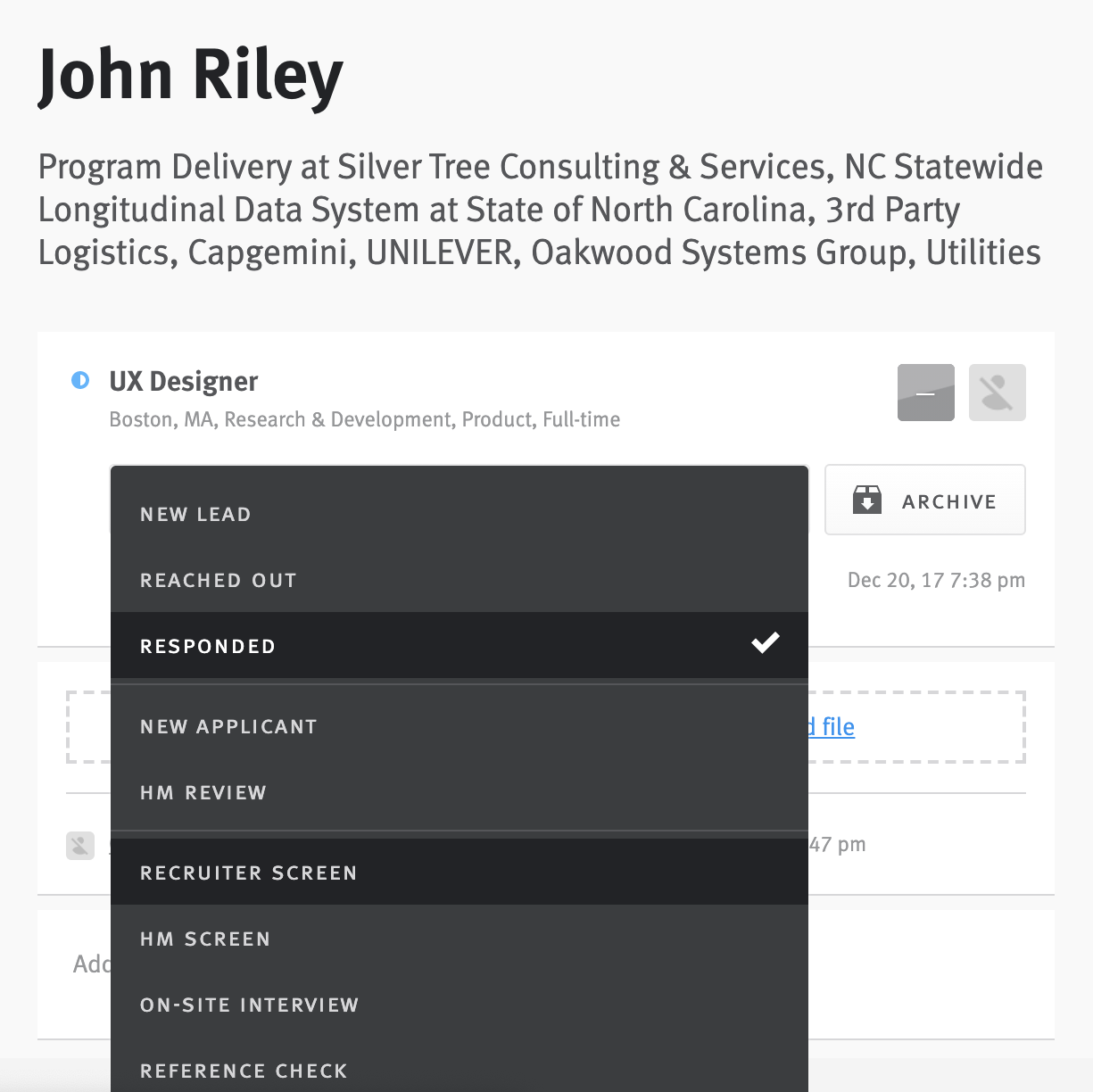Candidate profile with stage menu open. Current stage is responded, Recruiter Screen stage is highlighted.