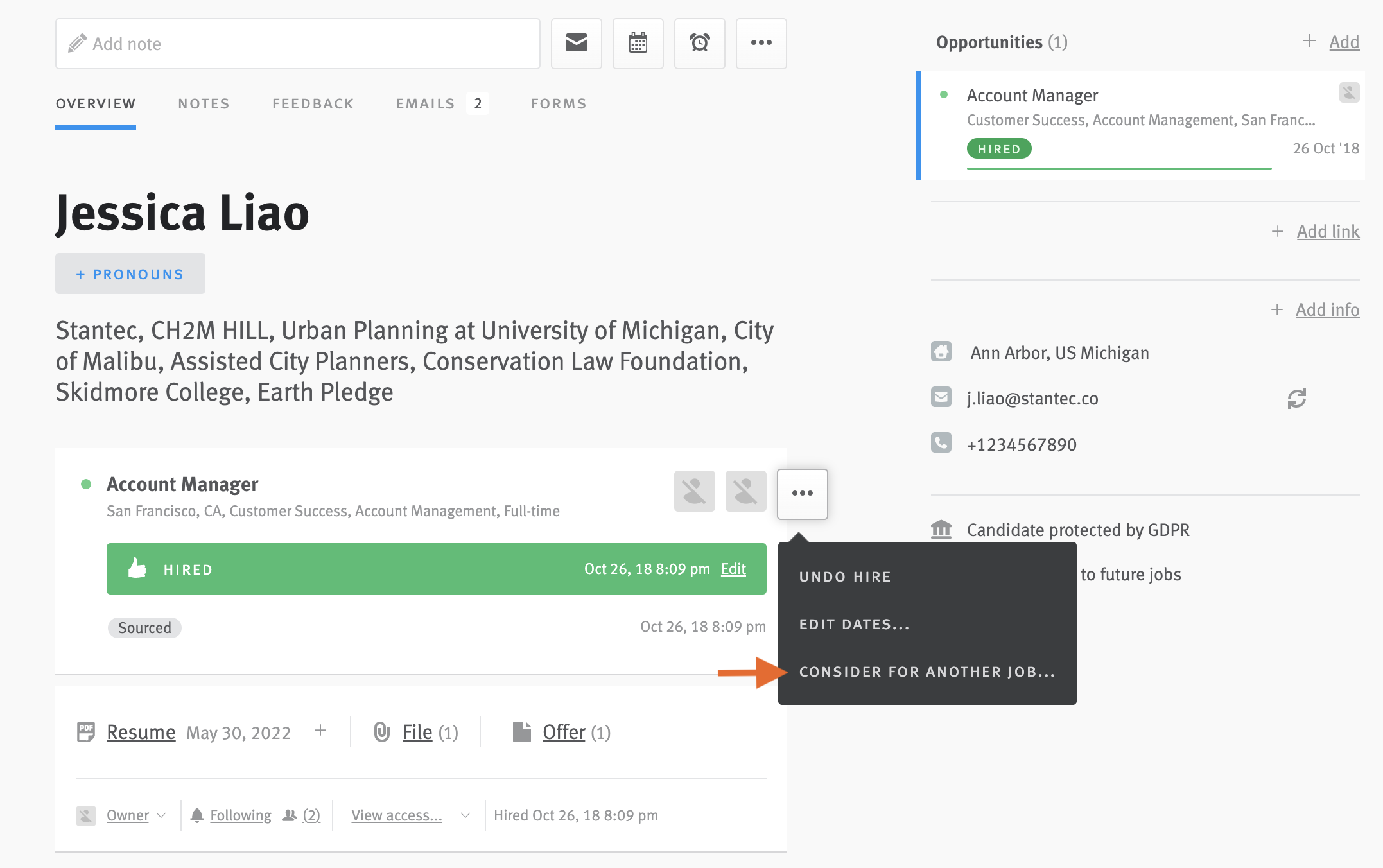 Hired candidate profile with menu extending from ellipses button next to opportunity title and arrow pointing to consider for another job option.