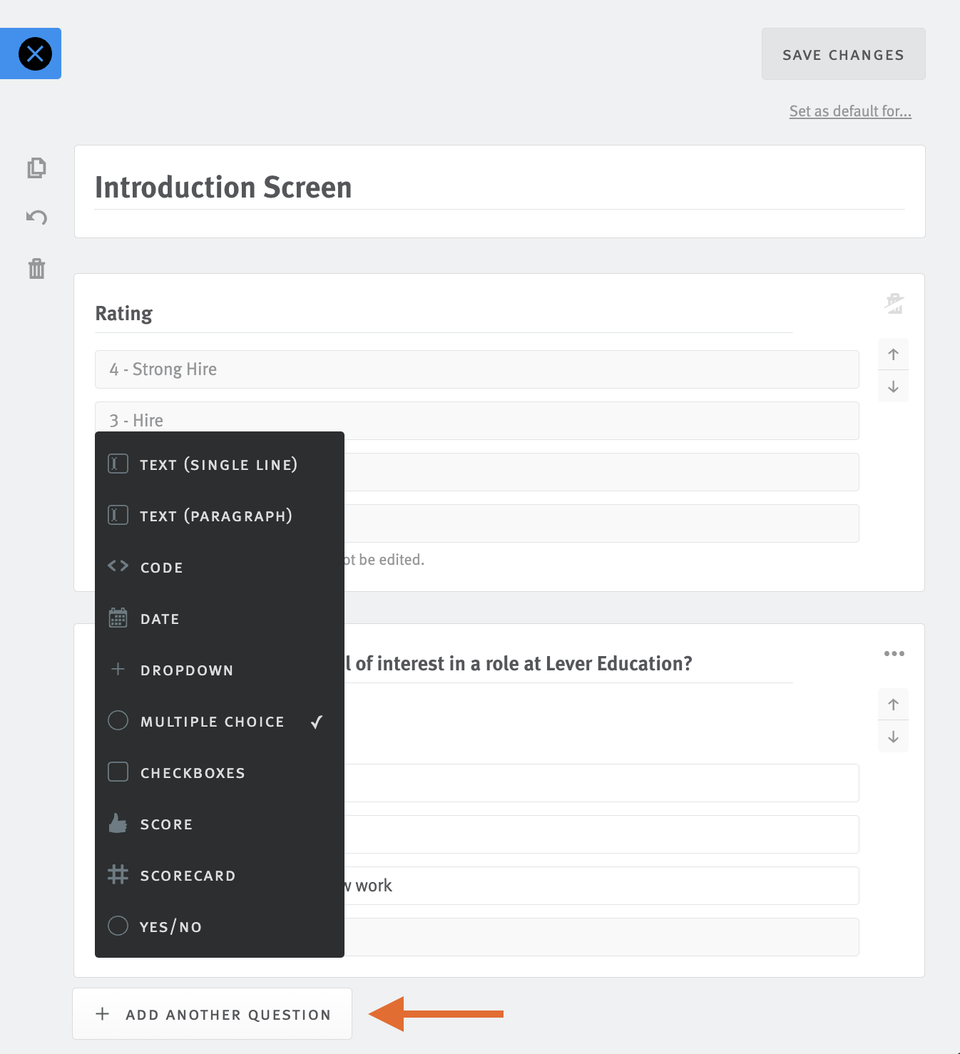Feedback form editor showing question type options and arrow pointing to add another question button