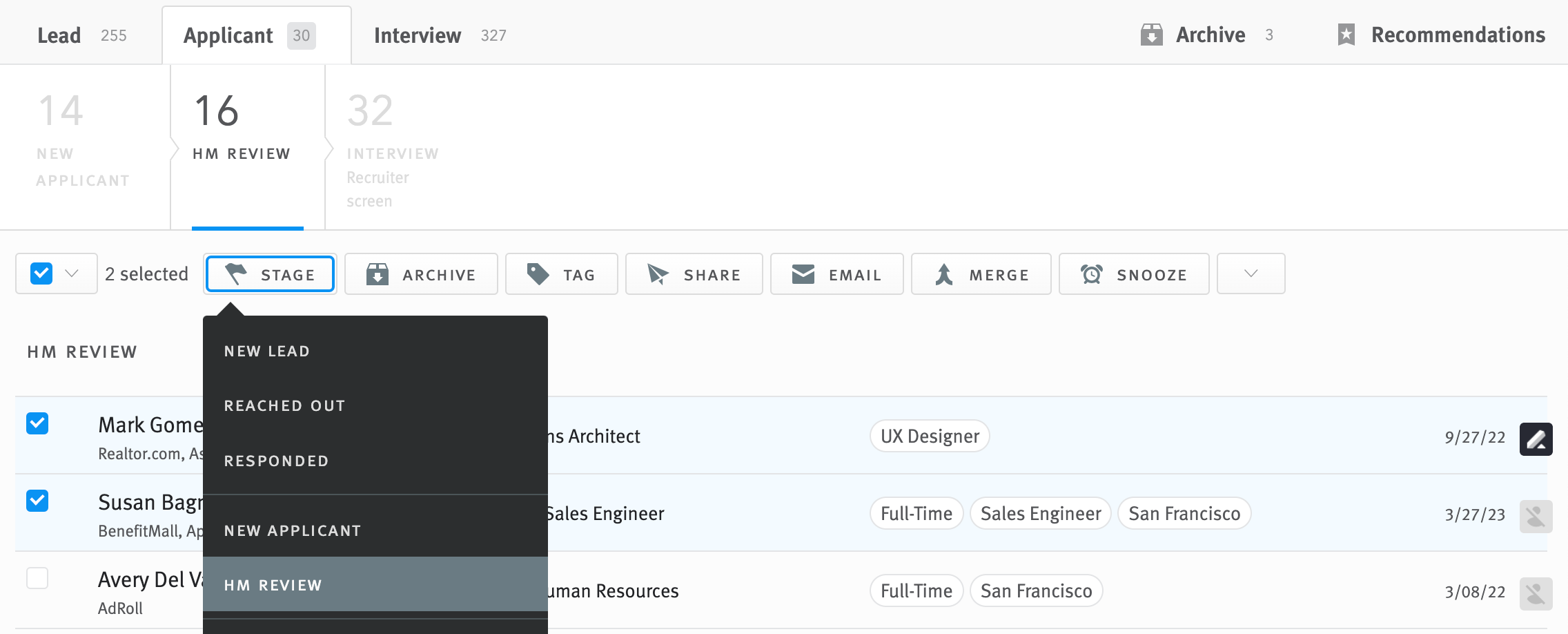 Multiple opportunities selected in opportunity list and stage menu is expanded from action toolbar.