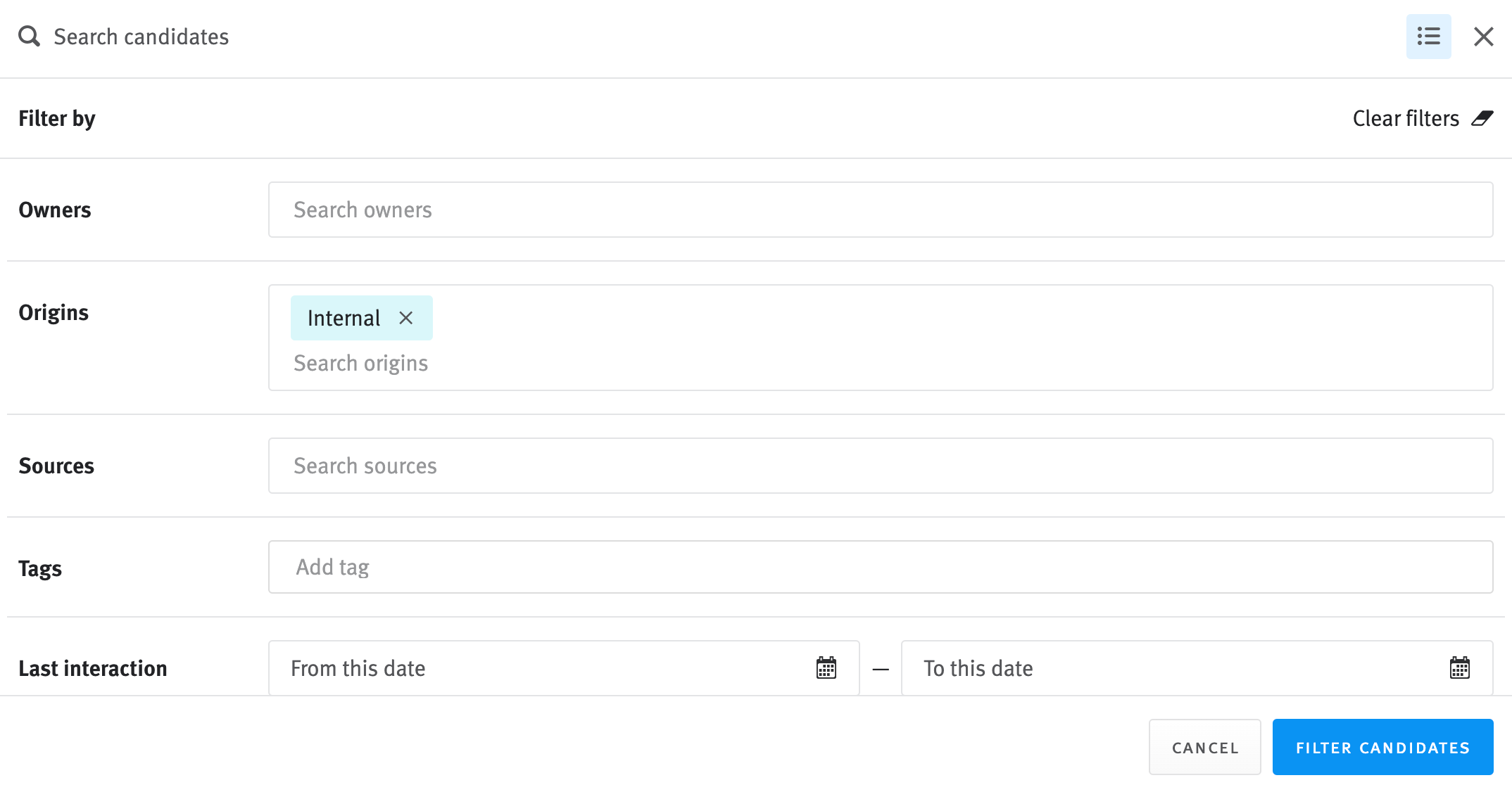Advanced filters modal with Internal input to origin filter field