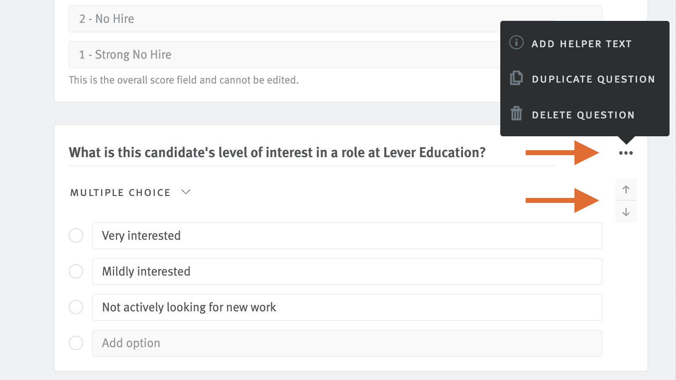Feedback form editor with arrows pointing to three dots and up and down arrows