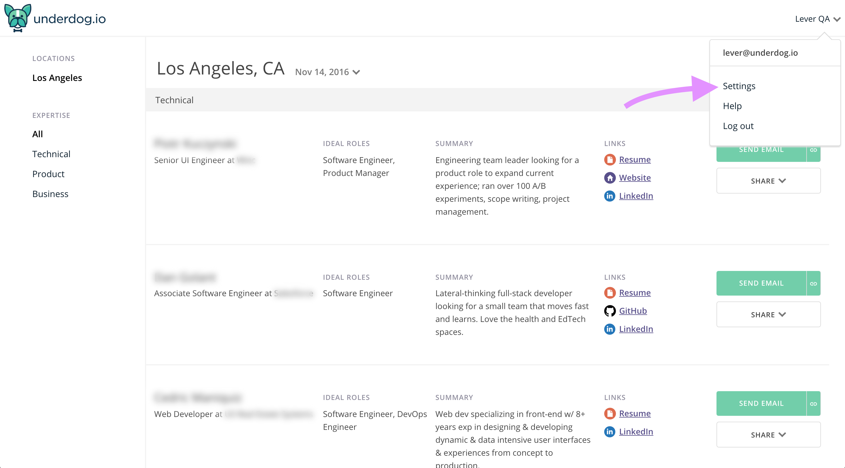 Underdog.io settings page with arrow pointing to settings in Lever QA dropdown menu