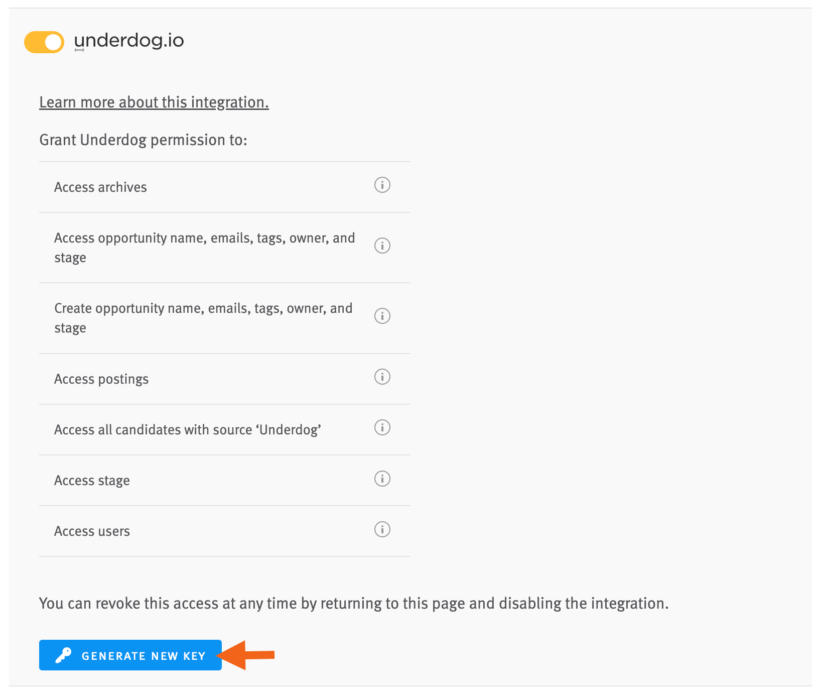 Lever settings page with arrow pointing to generate new key button