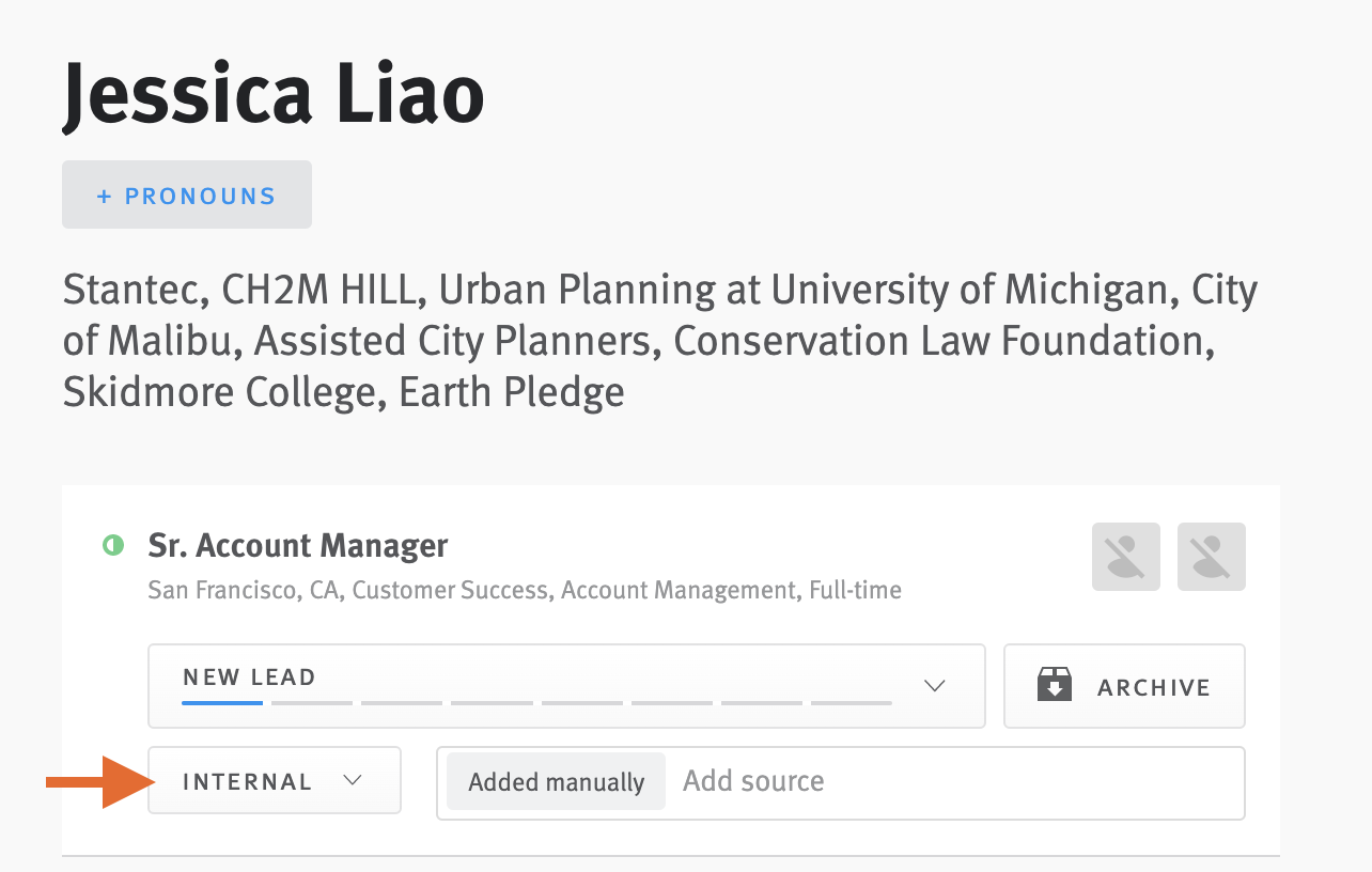 Close up of opportunity profile with arrow pointing to origin menu, which is set to internal.