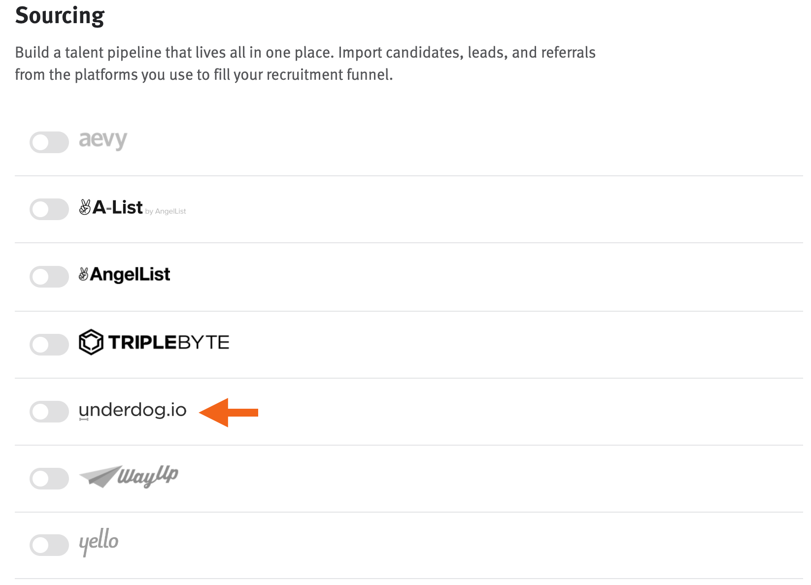 Lever settings page with arrow pointing to underdog.io toggle