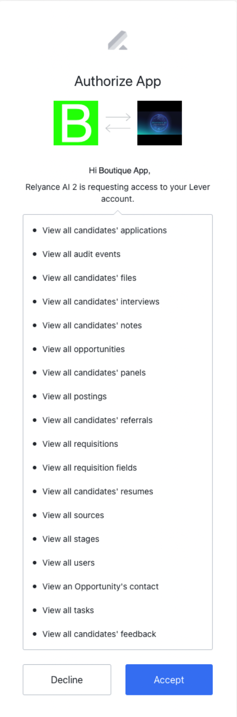 Authorization modal with permissions listed