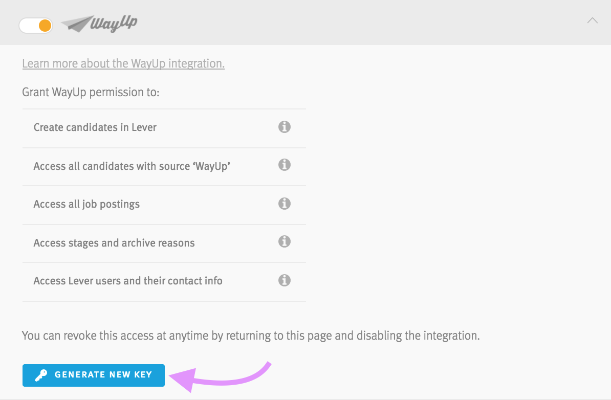 Way up integration in Lever settings with list of permissions and arrow pointing to generate new key button