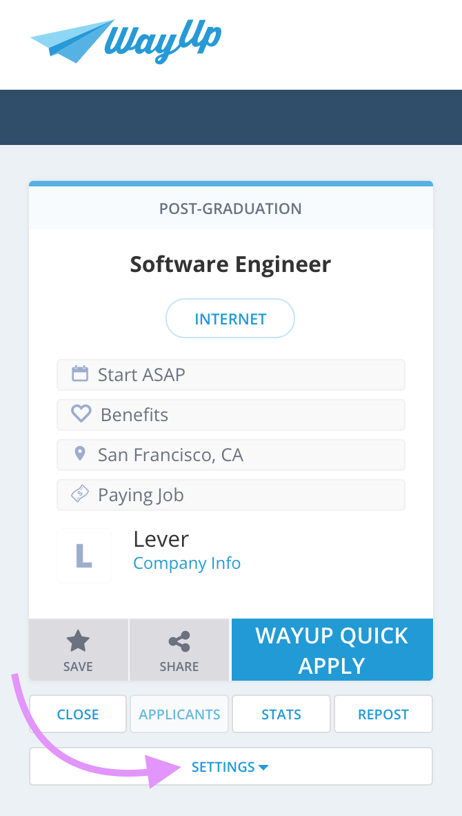 Way up showing job modal with arrow pointing to settings