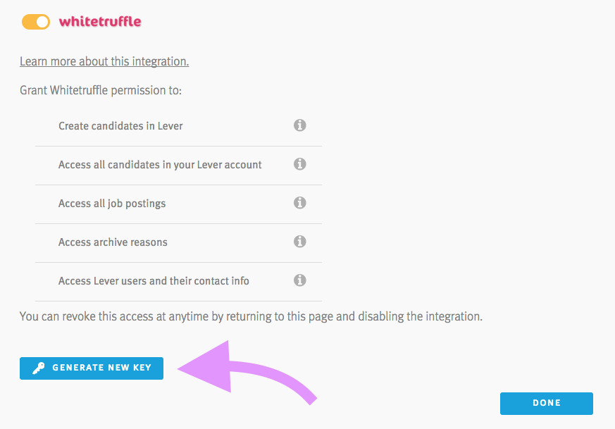 Lever integrations page with whitetruffle section with arrow pointing to generate new key button