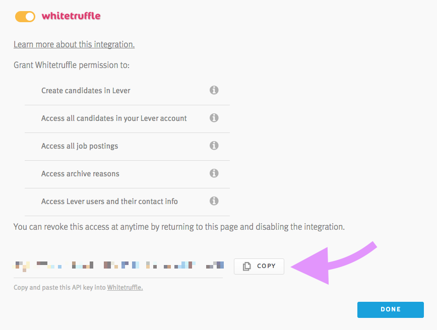 Lever integrations page with cooy button next to api key