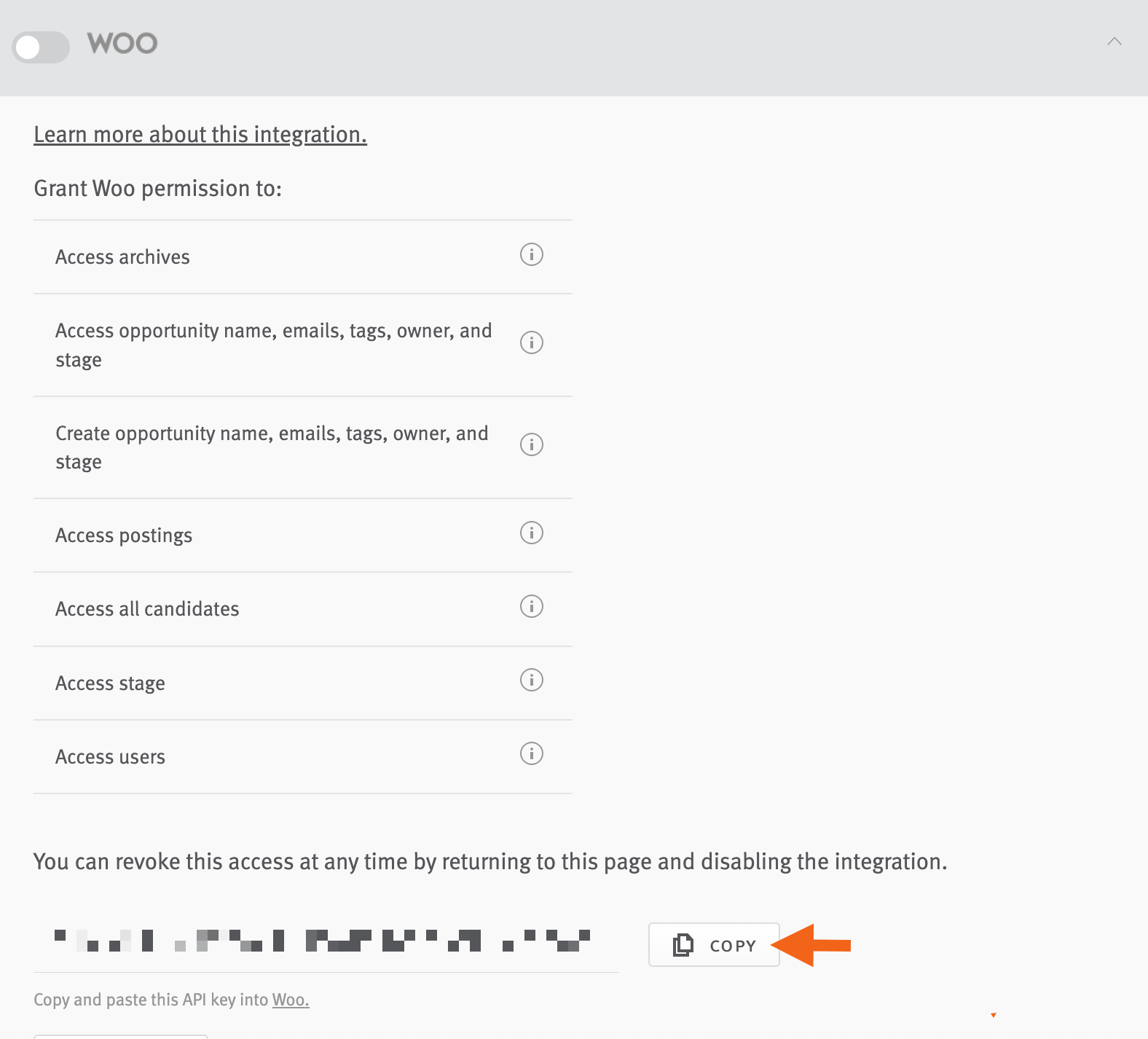 Lever integrations and API page showing woo integration section with arrow pointing to copy button next to key field