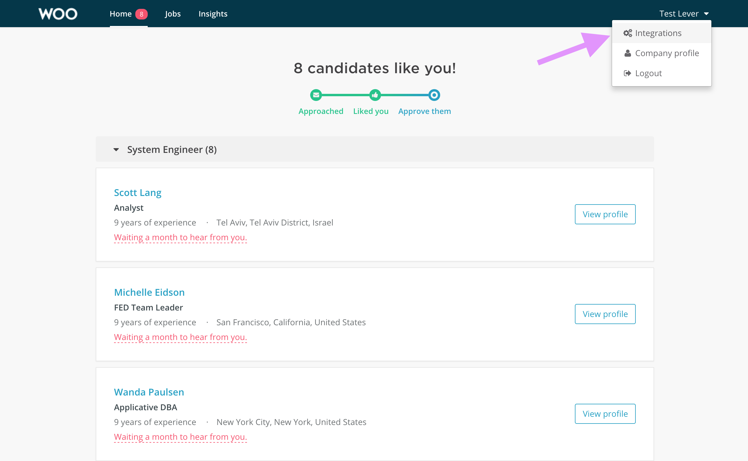 Woo integrations page with arrow pointing to integrations selected from menu