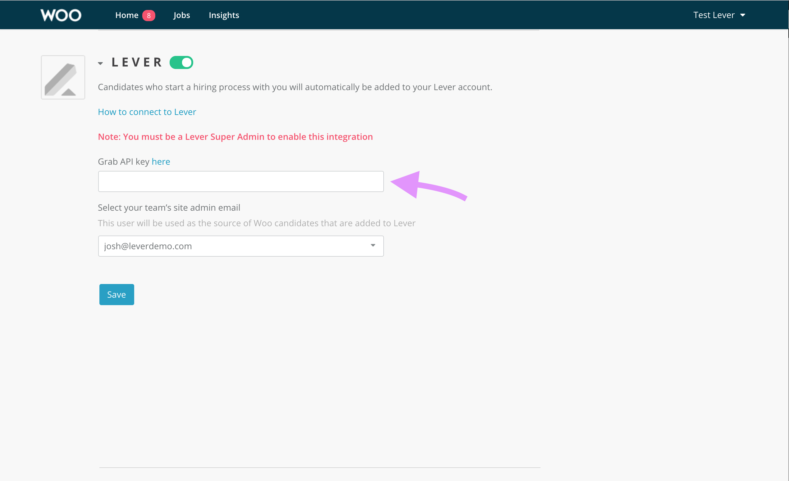 Woo integrations page showing Lever section with arrow pointing to API key