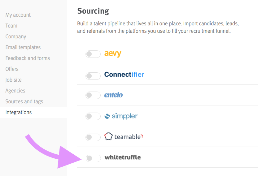 Lever integrations page with arrow pointing to whitetruffle listing