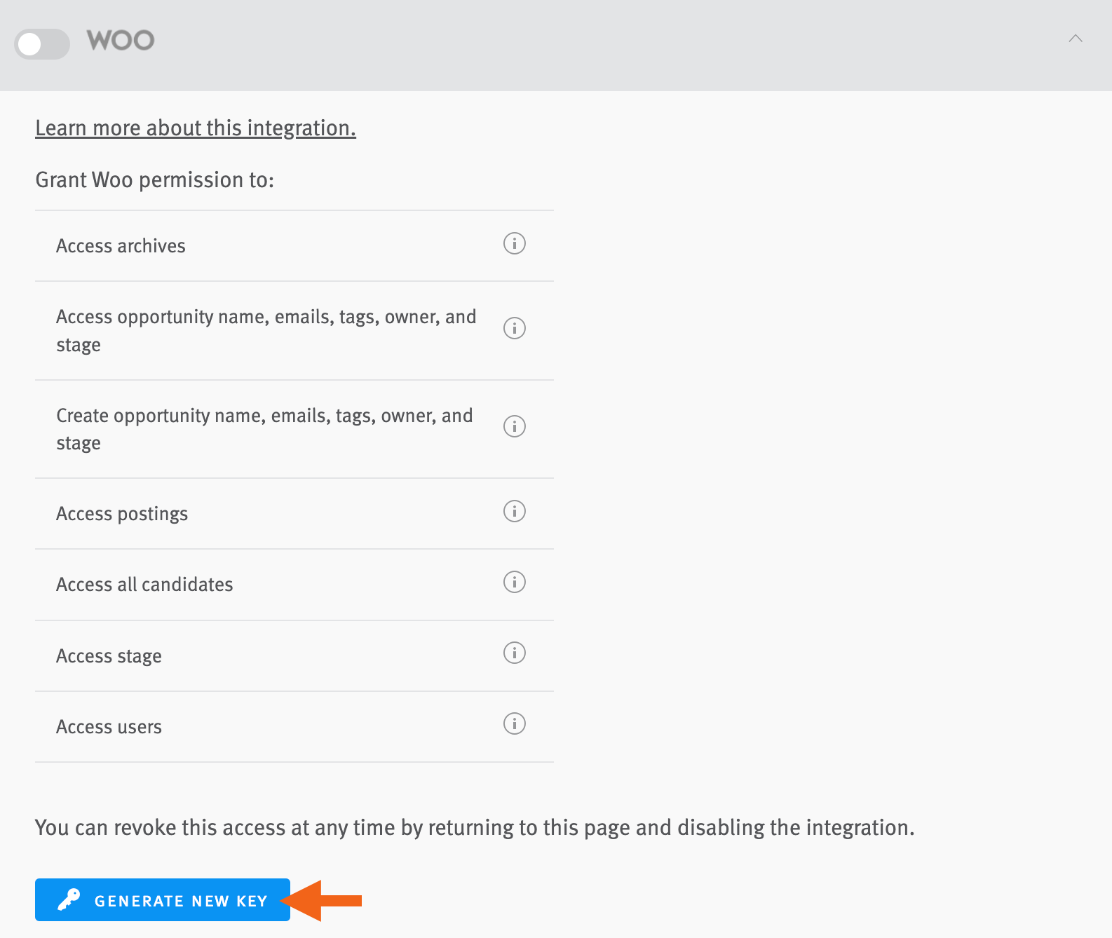 Lever integrations and API page showing woo integration section with arrow pointing to generate new key button