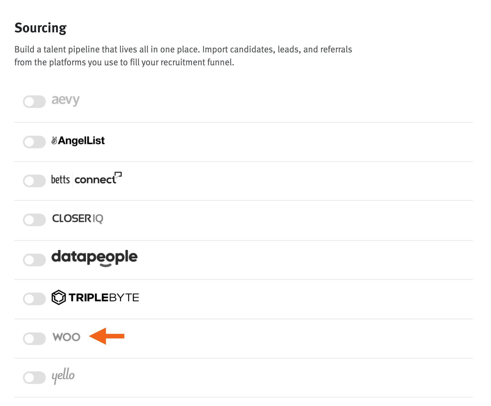 Lever integrations and API page with arrow pointing to woo toggle