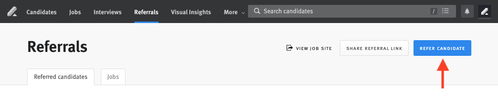 Interviews page with arrow pointing to Refer Candidate button